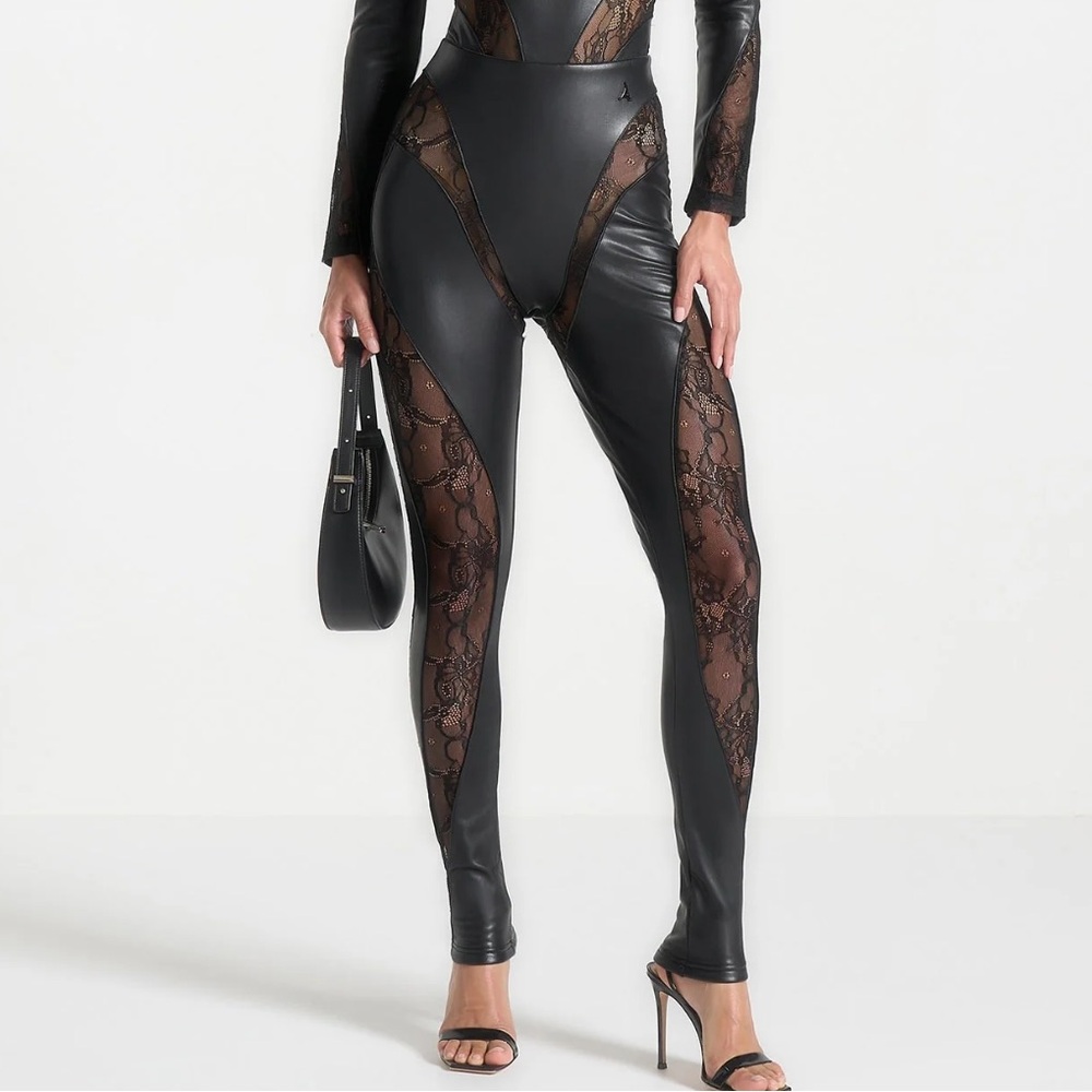Maniere De Voir Vegan Leather and Lace Contour Leggings